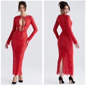 NEW House of CB Lisandra Lace Maxi Dress Red Crystal Trim Cutout Long Sleeve XS